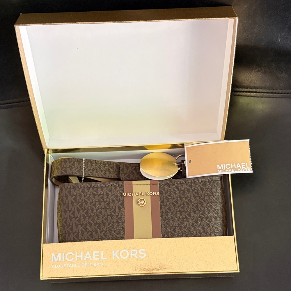 Michael Kors Brown Monogram Stripe Belt Bag with Gold Hardware